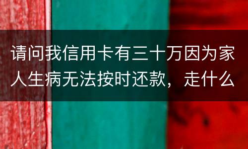 请问我信用卡有三十万因为家人生病无法按时还款，走什么途径可以延期呢