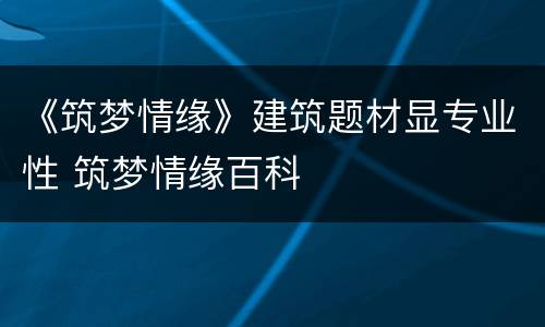 《筑梦情缘》建筑题材显专业性 筑梦情缘百科